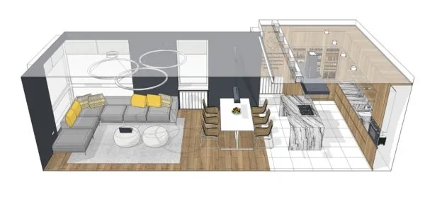 дизайн потолка в гостиной совмещенной с кухней - идеи зонирования