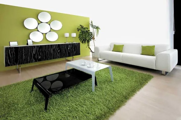 зеленый ковер в интерьере гостиной в стиле минимализма