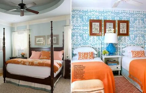 голубая спальня с оранжевыми акцентами