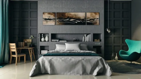 в отделке спальни необязательно использовать именно черный цвет - сочетание серого с зеленым тоже смотрится эффектно и стильно