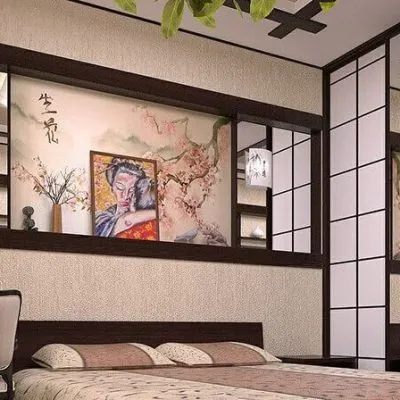 интерьер спальной комнаты в деталях в японском стиле