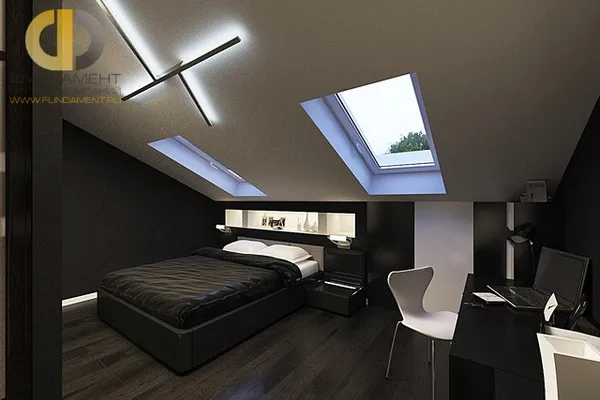 дизайн спальни 15 кв. м в современном стиле. фото интерьера на мансарде