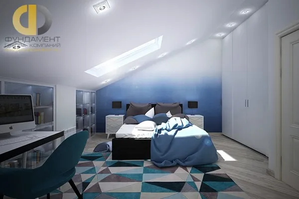 дизайн спальни 15 кв. м в современном стиле. фото интерьера на мансарде