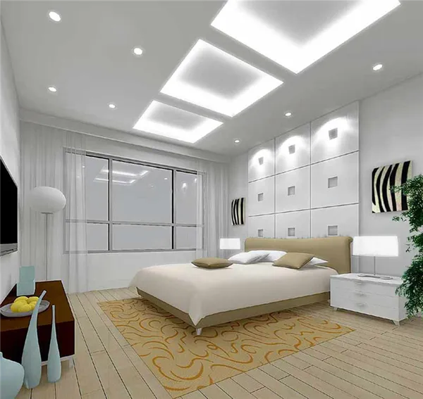 идея красивого интерьера спальной комнаты 15 кв.м