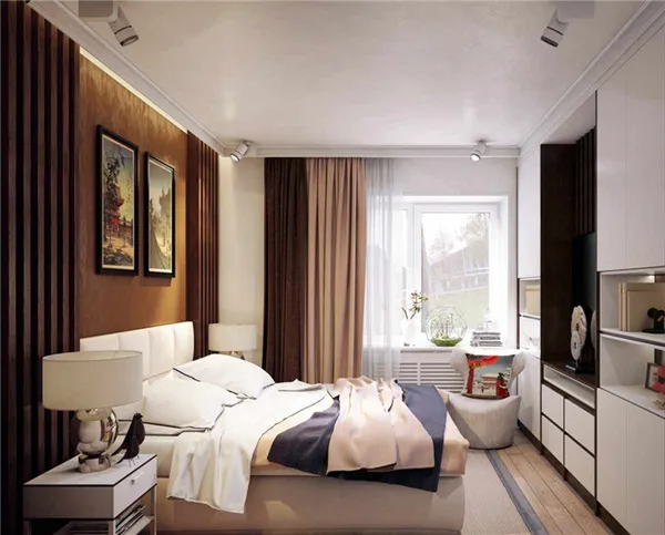 пример необычного стиля спальной комнаты 15 кв.м
