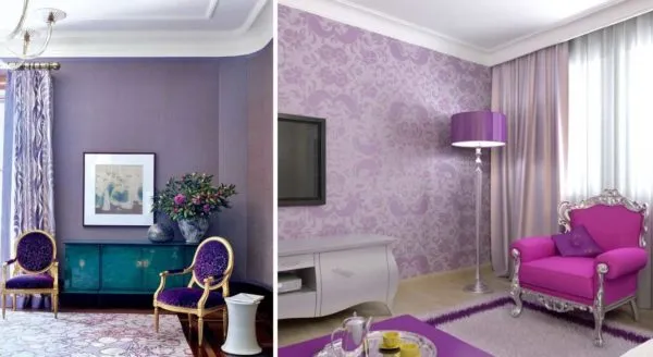 в гостиной можно использовать как основной (для стен, текстиля и т.д.) фиолетовый или пастельный светлых оттенков 