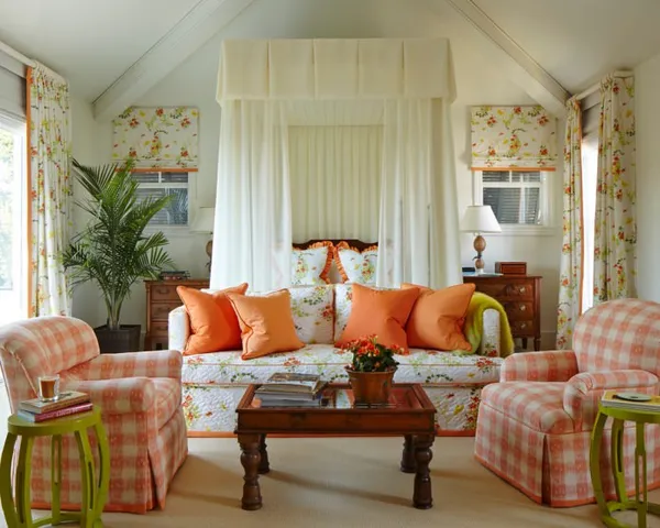 кантри гостиная с оранжевым текстилем в цветочек