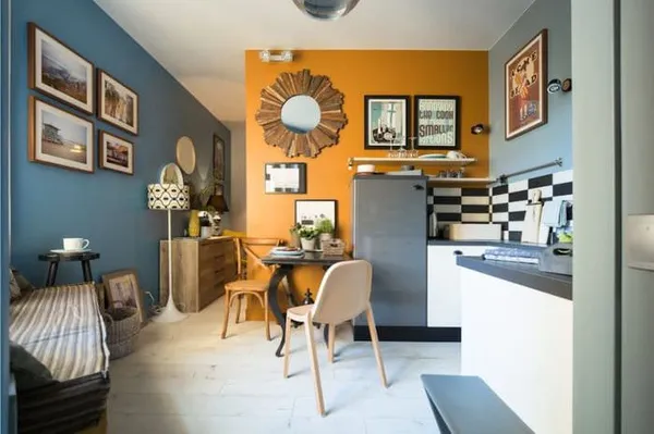 дизайн кухни в ретро стиле с использованием оранжевого цвета в покраске стен