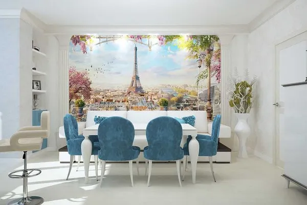 красивый дизайн гостиной в голубом цвете