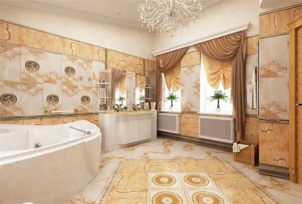 бежевый тон в интерьере ванной комнаты в античном стиле