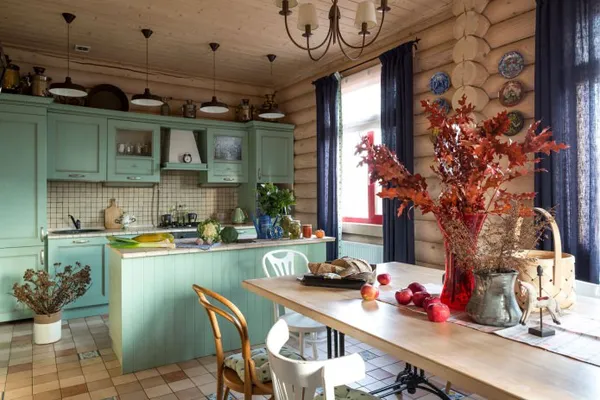 дизайн кухни в деревянном доме из бревна