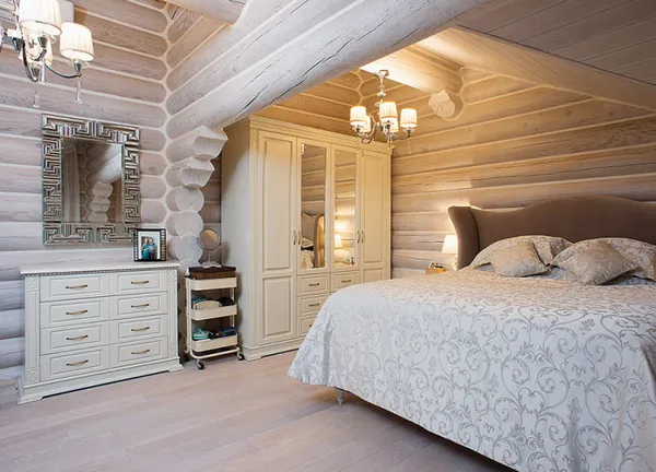 дизайн спальни в интерьере бревенчатого дома