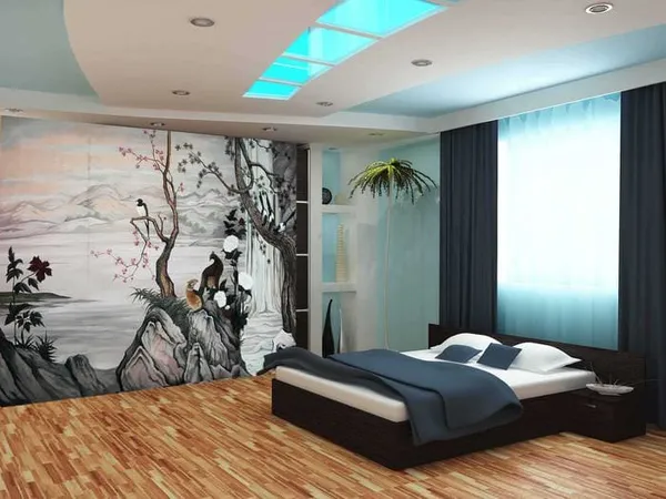 идея светлого дизайна квартиры с росписью стен
