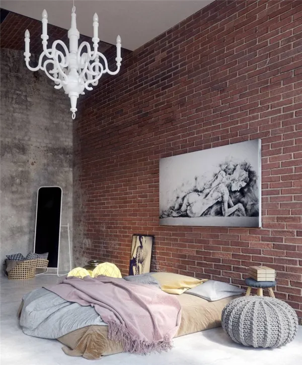 декор картиной кирпичной стены мужской спальни