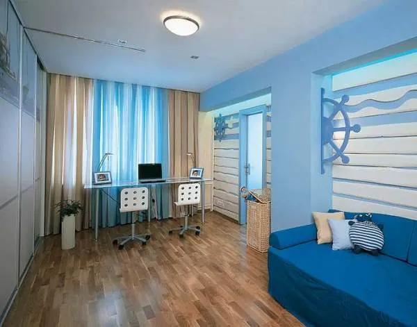 комната подростка в сочетании синих и бежевых оттенков