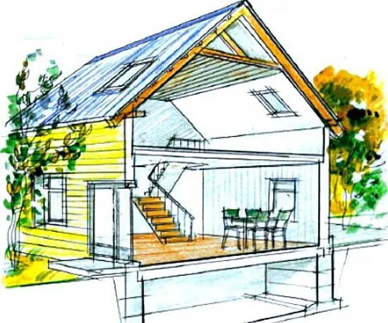 эскиз частного дома с деревянной стропильной системой мансардной крыши